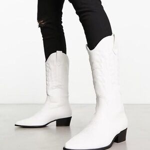 White Knee-High Combat Moto Boots with Glossy Finish